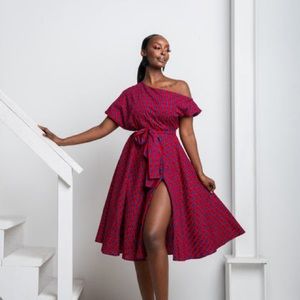 Chidi  AFRICAN PRINT ONE-SHOULDER MIDI DRESS in red